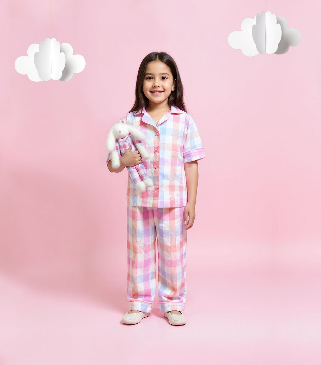 طقم بيجاما بناتي منقوش باللون الوردي 7926