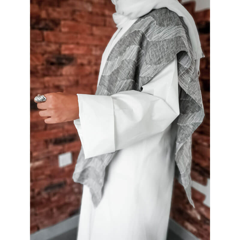 White Bisht With Grey Shawl From Lulwa Al Khattaf