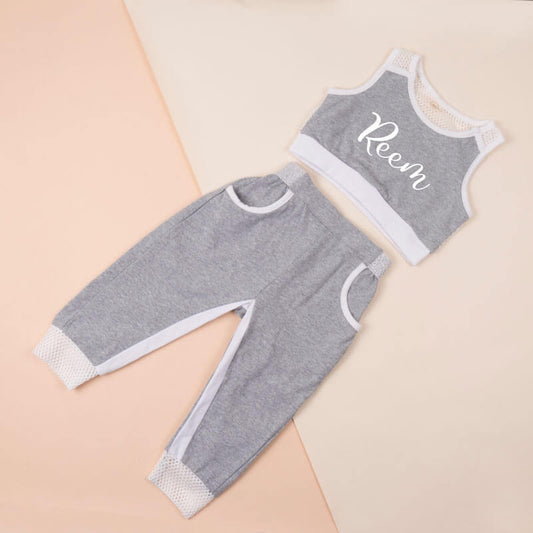 Two Pieces Grey Sleeveless Set For Kids (With Name Printing)