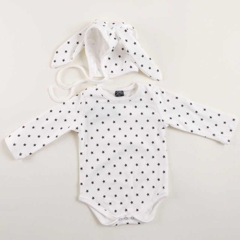 White Stars Baby Suit With Bunny Cap (With Name Embroidery Option)
