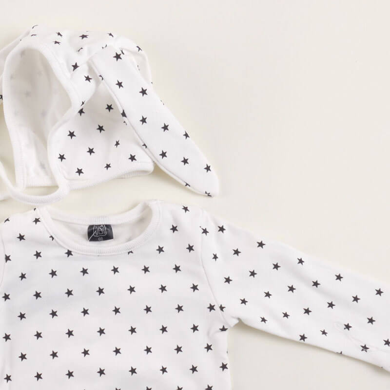 White Stars Baby Suit With Bunny Cap (With Name Embroidery Option)