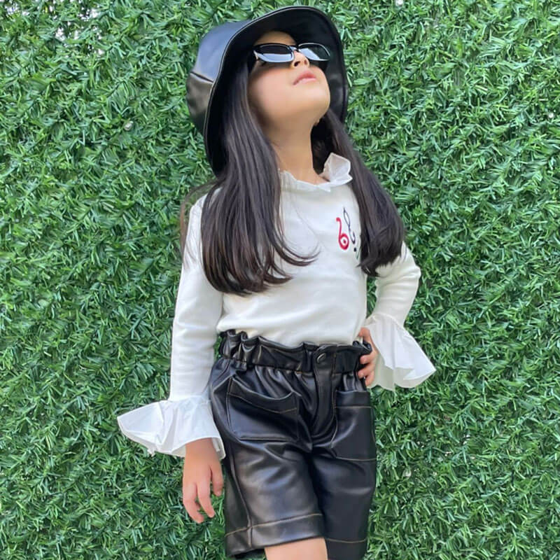Black Leather Shorts With Hat For Girls