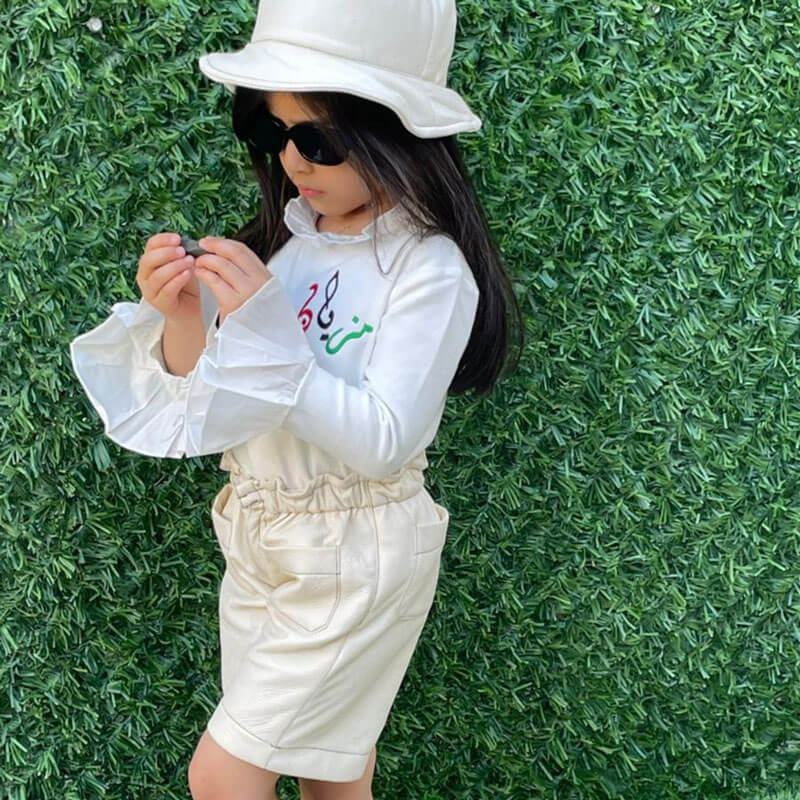 Off-White Leather Shorts With Hat For Girls