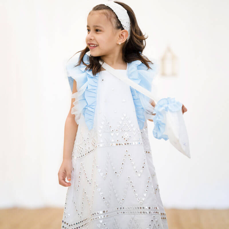 White And Blue Sequin Gergean Dress With Headband And Shoulder Bag For Girls