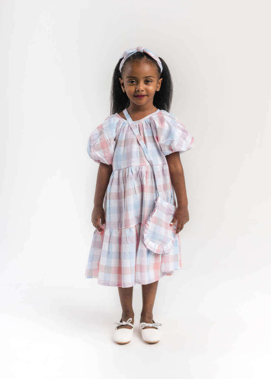 Light Pink Gergean Dress With Bag For Girls