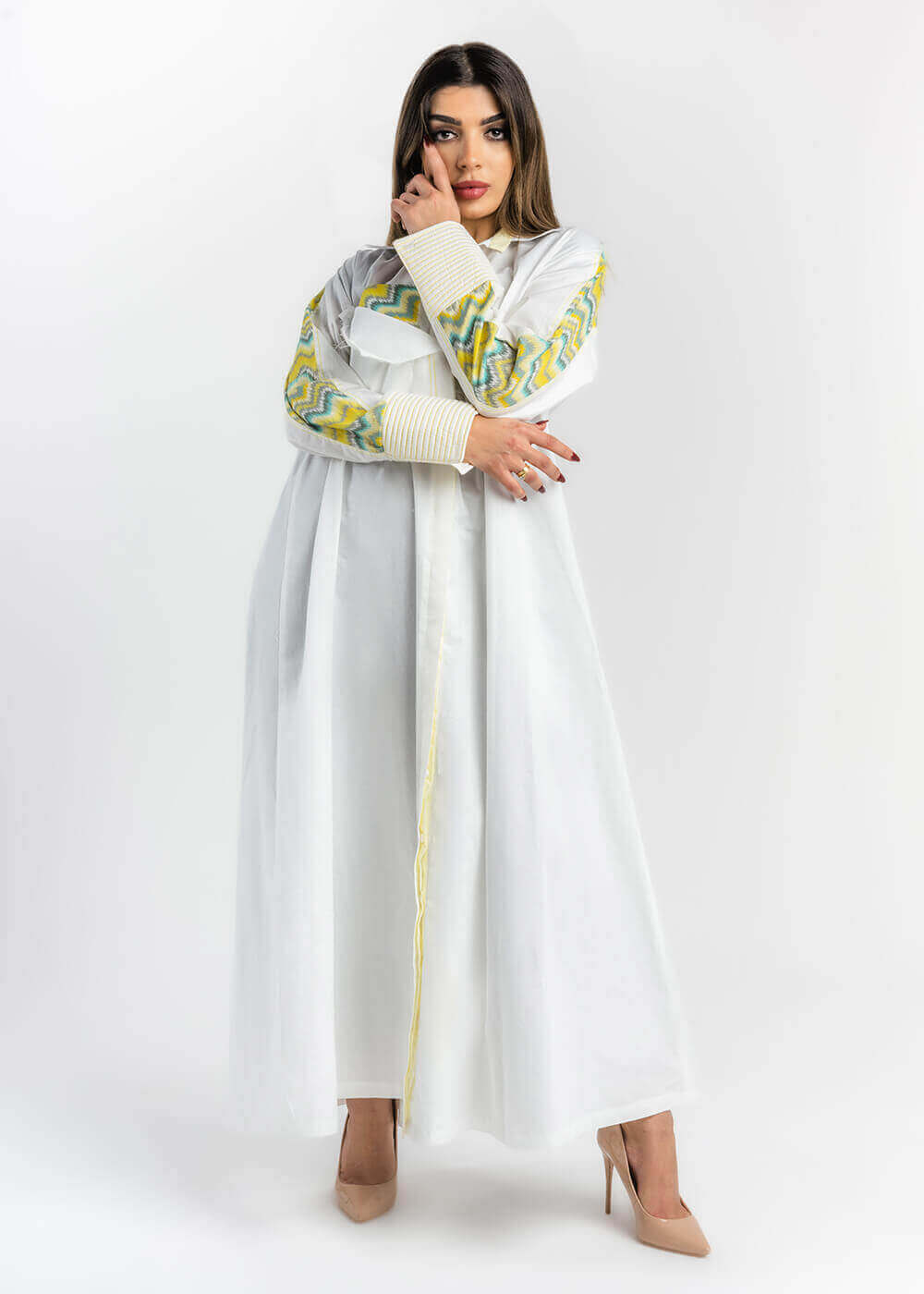23SS1TB697305 Multi-Color Long White Shirt With Shoulder Pattern For Women