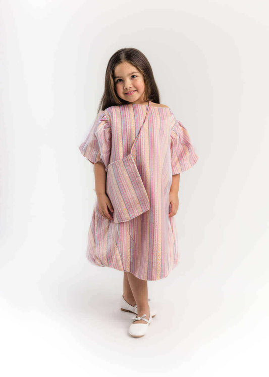 23SS0TB497279 Dark Pink And Blue Gergean Dress For Girls