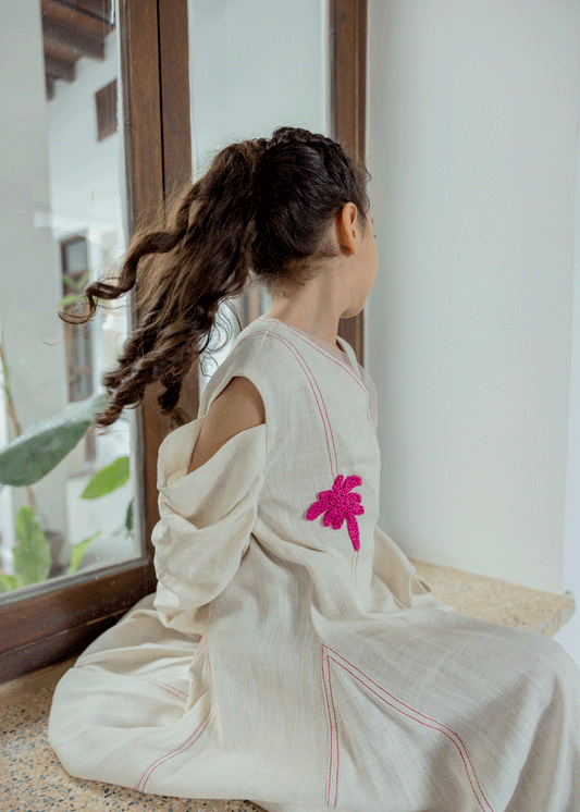 7530 فستان كتان بيج رمضاني للبنات RAM-24