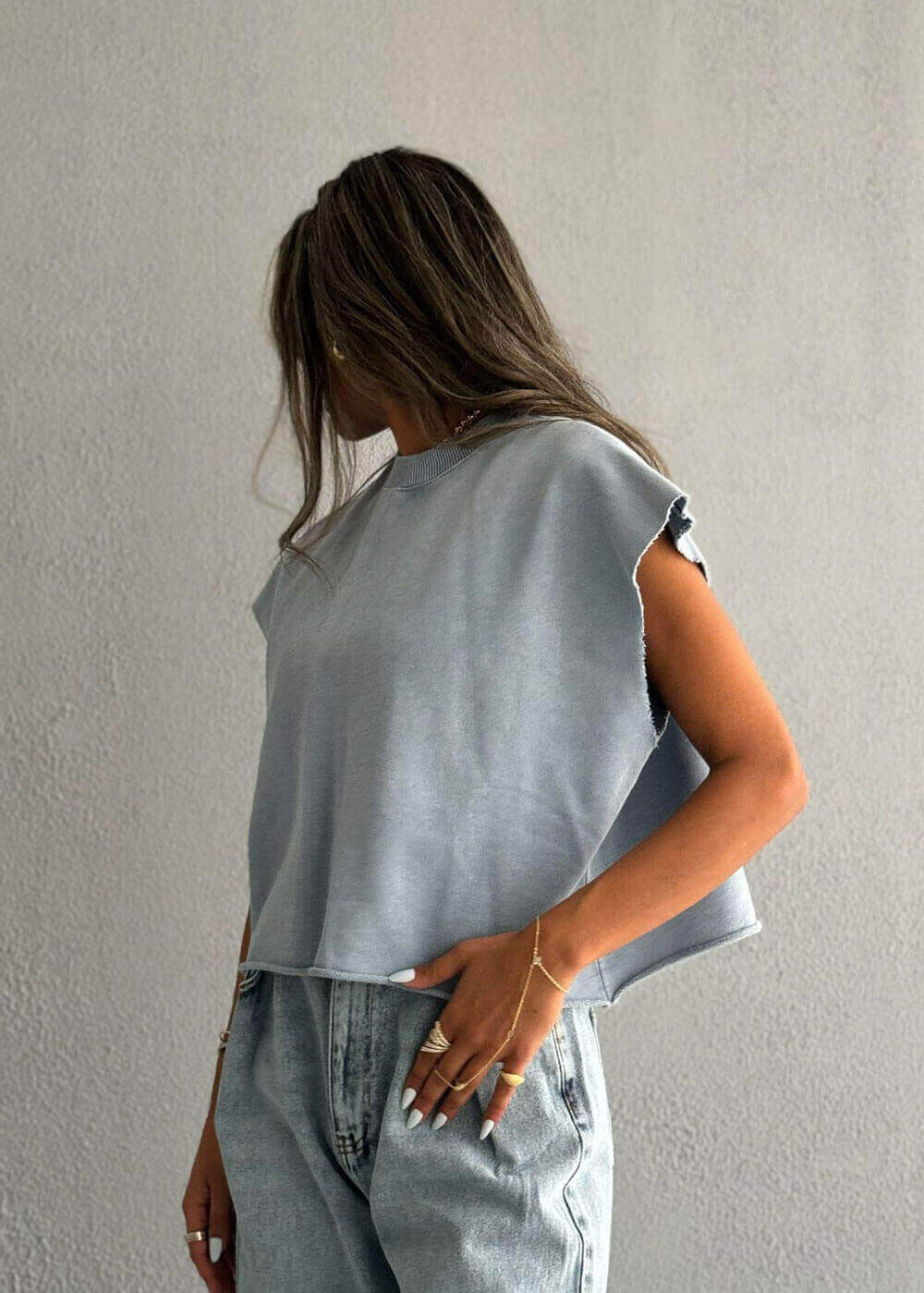 7601 Light Blue Sleeveless T-Shirt For Women
