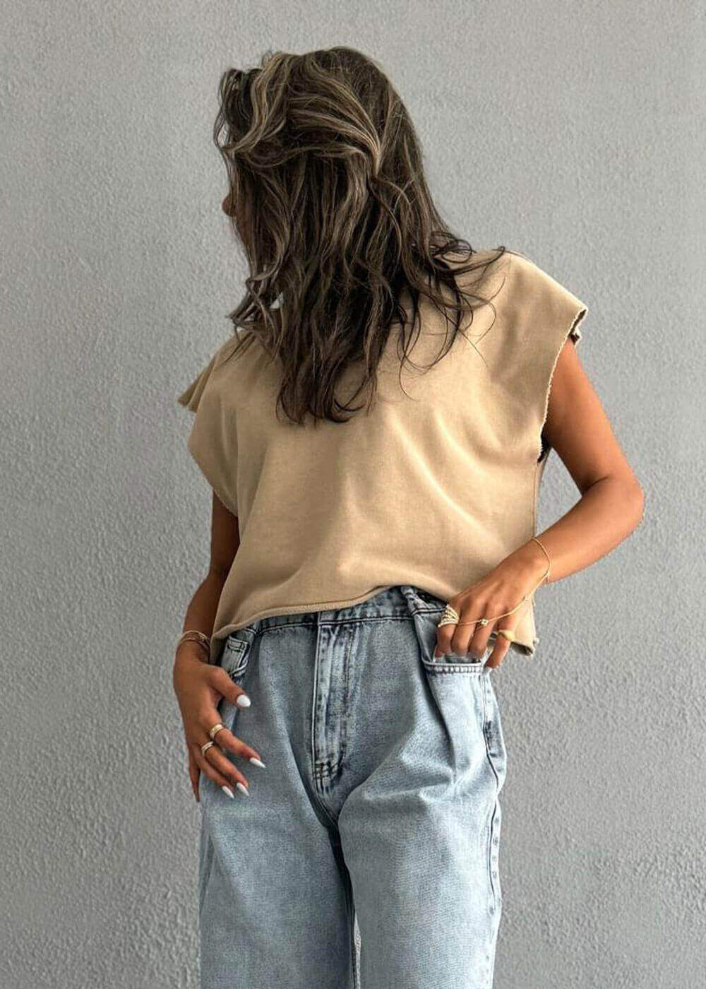 7601 Beige Sleeveless T-Shirt For Women