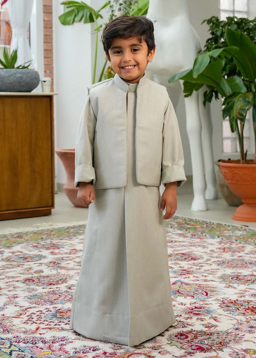 Beige Dishdasha Set With Vest And Bag D4