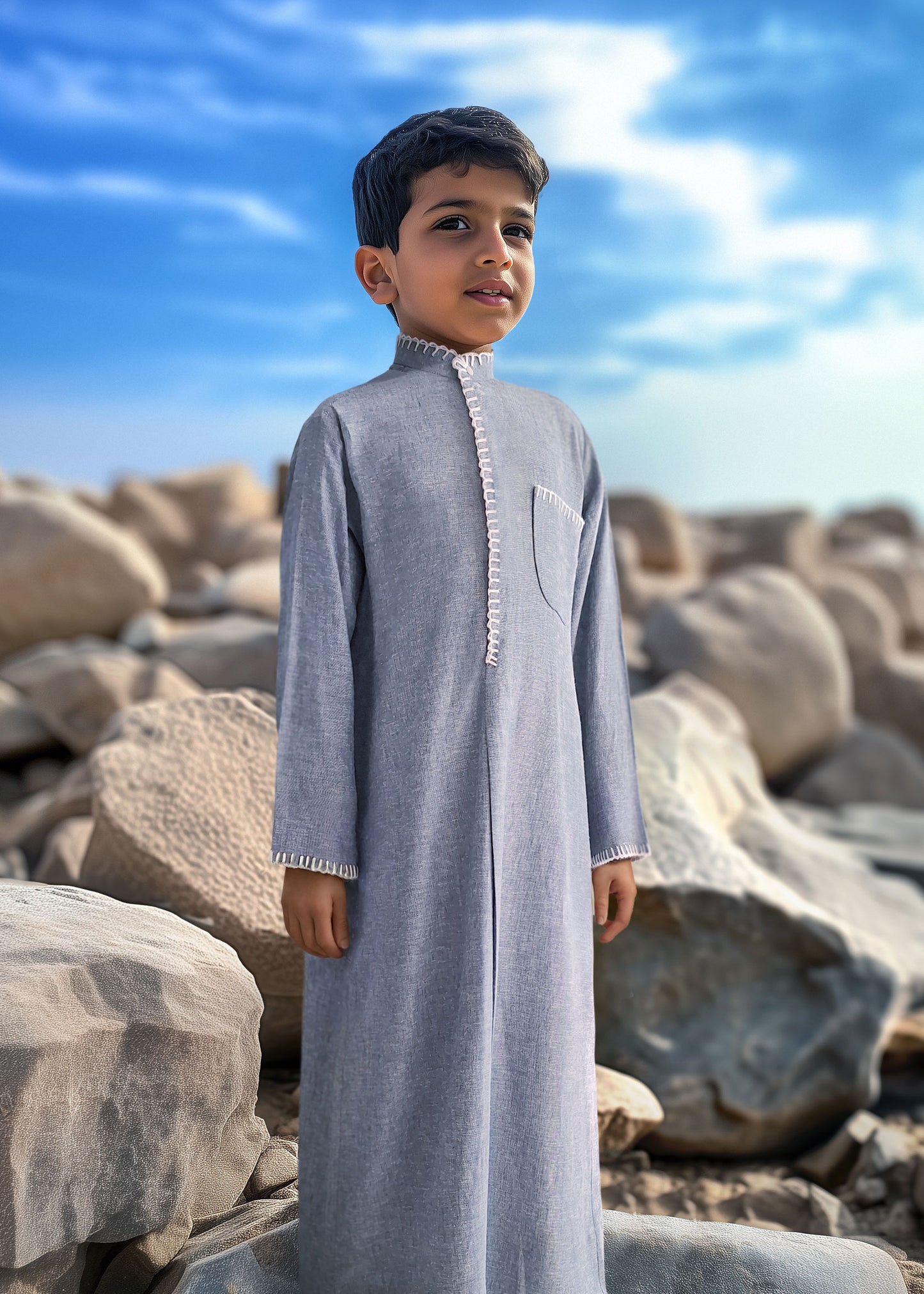 طقم دشداشة زرقاء مع سترة وحقيبة D3
