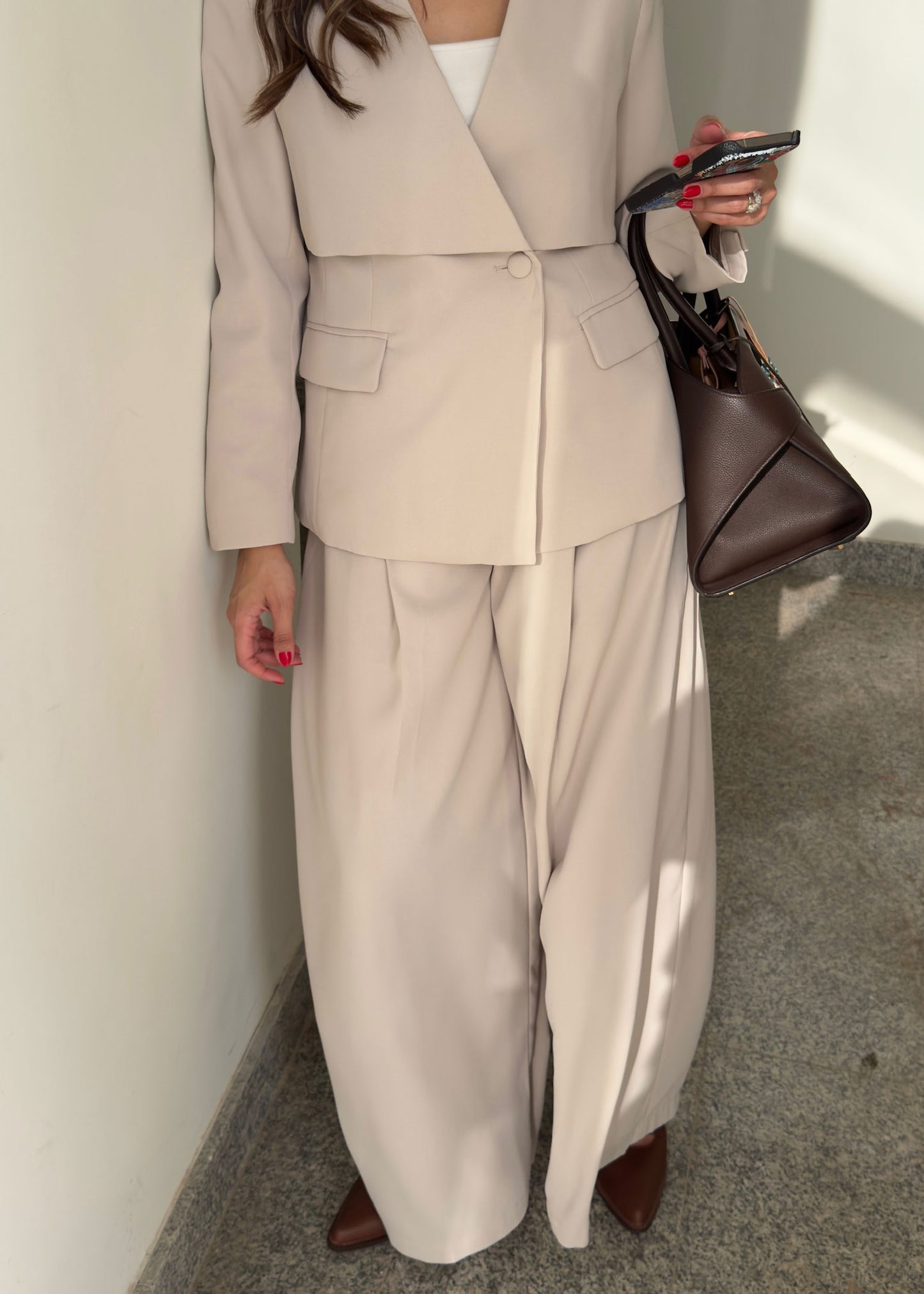 7665 Beige Blazer Set With Pants For Women