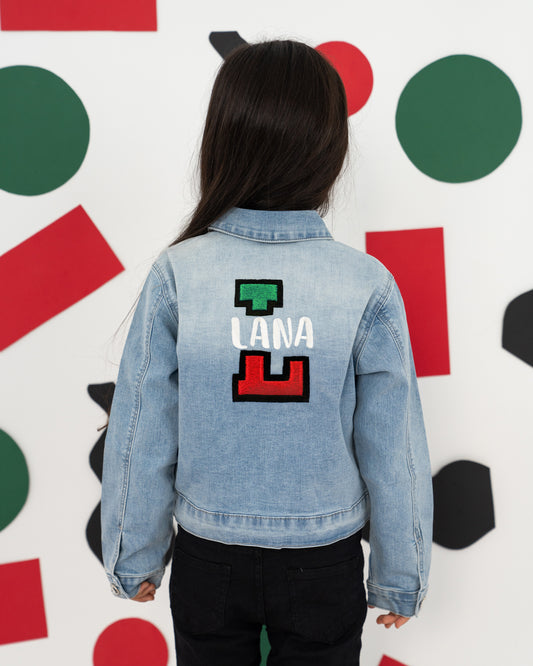 Blue Denim National Day Shaded Jacket For Kids (With English Alphabet Design Embroidery)