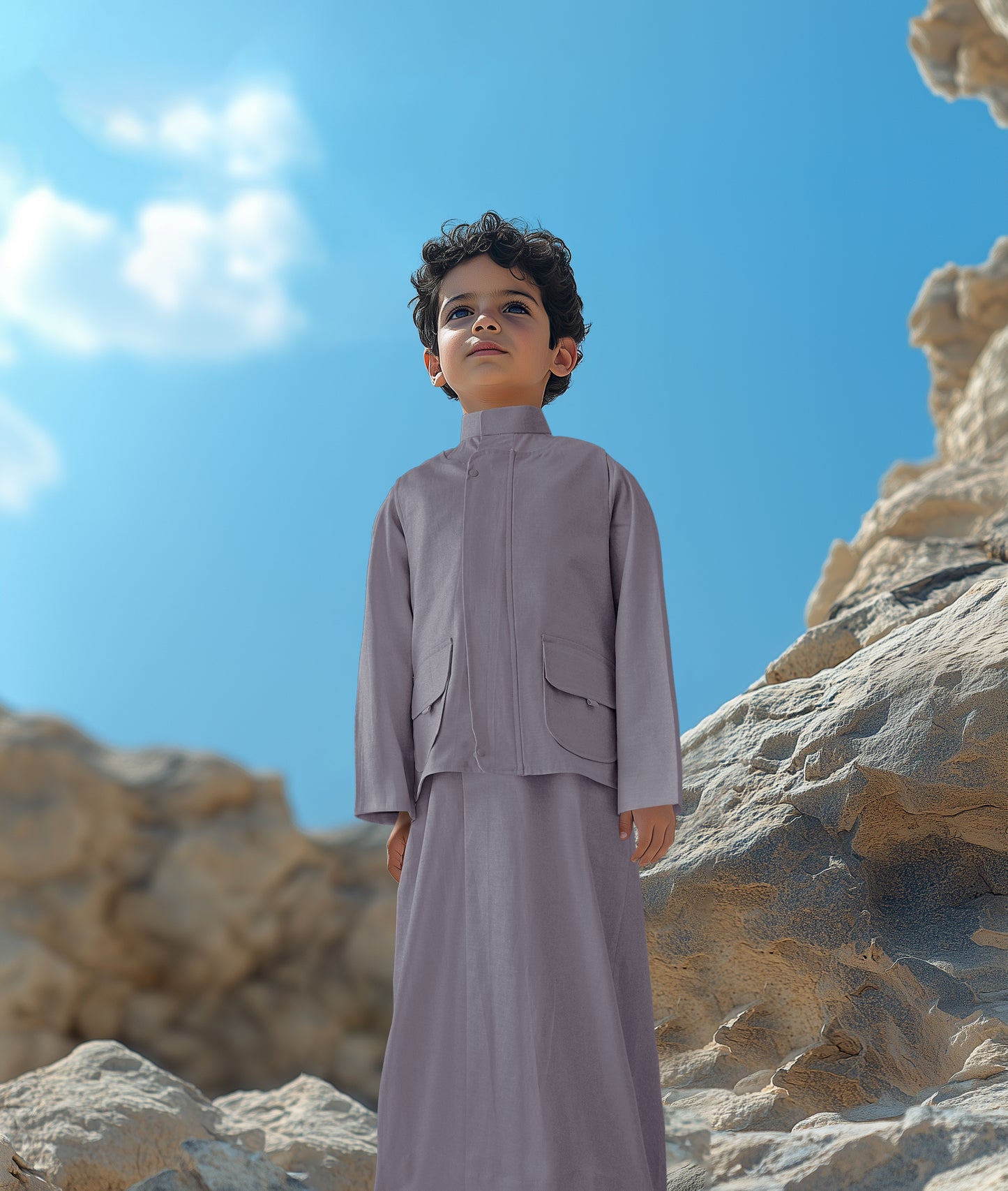 طقم دشداشة رمادي غامق مع صدرية وحقيبة D1