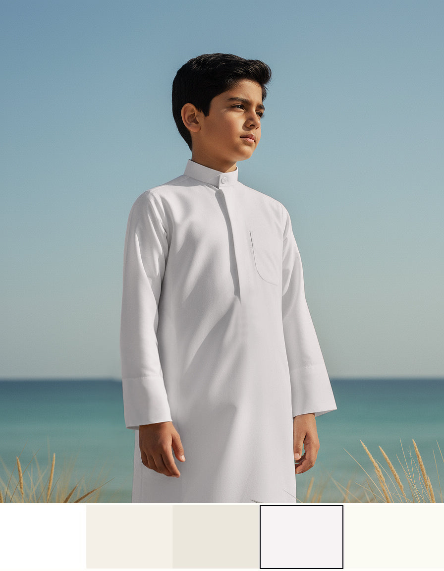Bright White Summer Dishdasha For Boys 2 (With Name Embroidery)