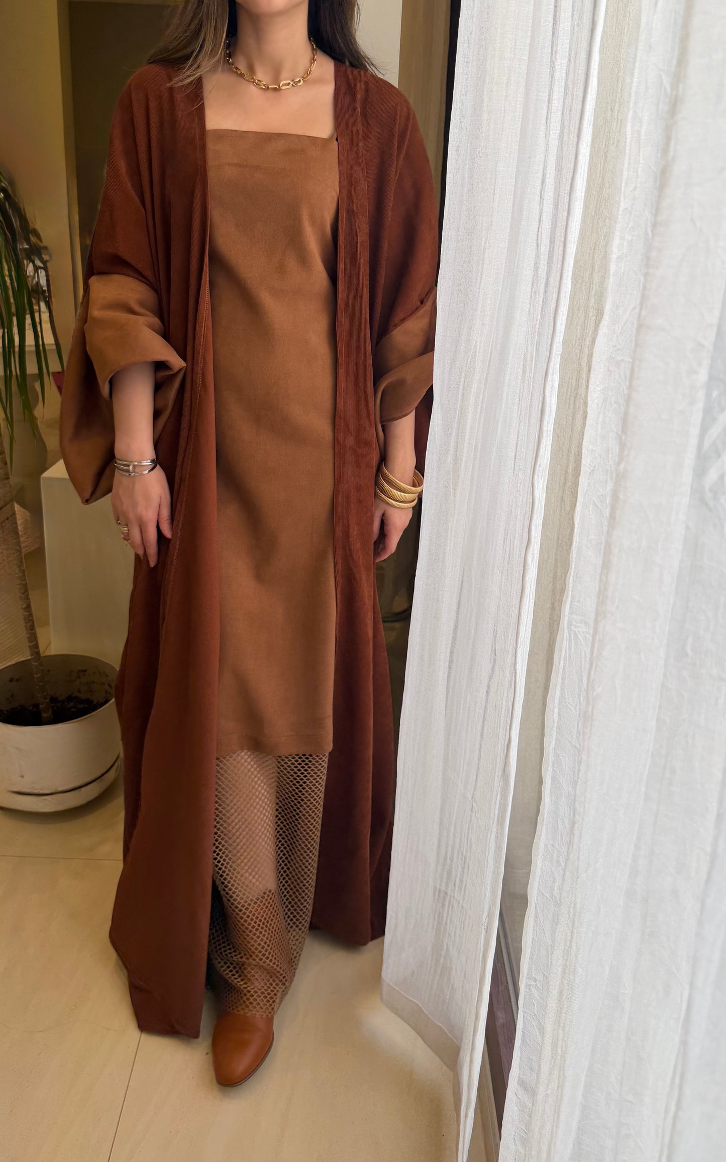 8081 Sunday Studio Brown Dress With Bisht For Women