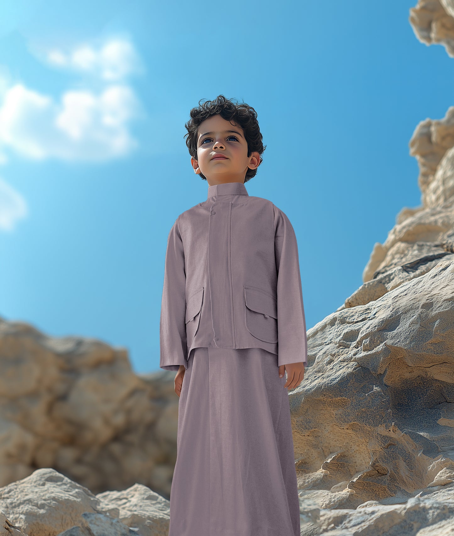 طقم دشداشة رمادي صخري مع صدرية وحقيبة D1