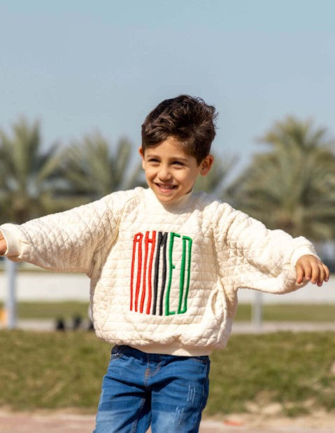Beige Patterned Winter Top For Kids - National Day English Edition
