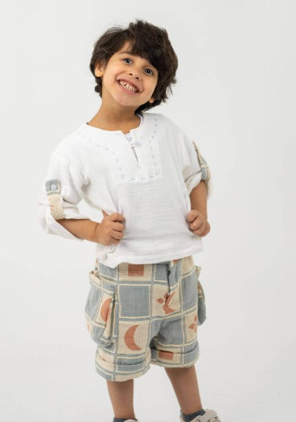 Tiya White Two-Pieces Set With Beige Shorts For Boys ST286
