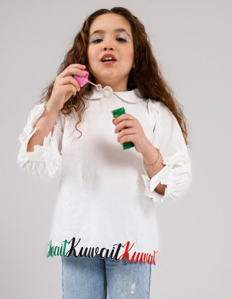 بلوزة بيضاء مع تطريز كويتي من الأسفل للبنات 23PSSTB49