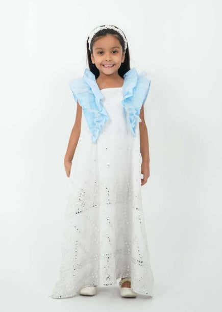 فستان جرجناز من الترتر باللونين الأبيض والأزرق مع رباط رأس وحقيبة كتف للبنات