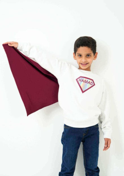 White Qatar National Day Superman Pullover For Kids (With Name Embroidery)