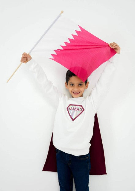 White Qatar National Day Superman Pullover For Kids (With Name Embroidery)