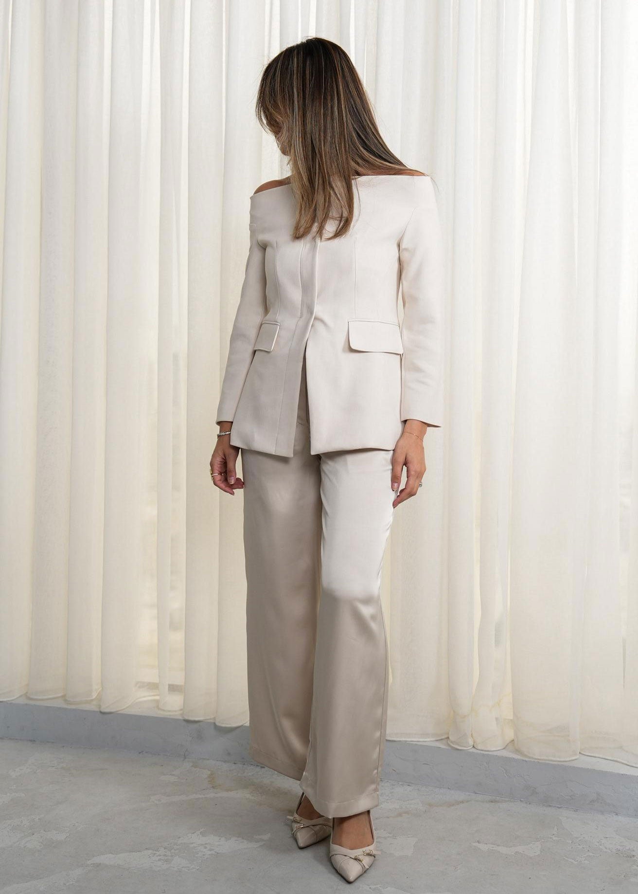 7745 Beige Blazer Set With Pants For Women