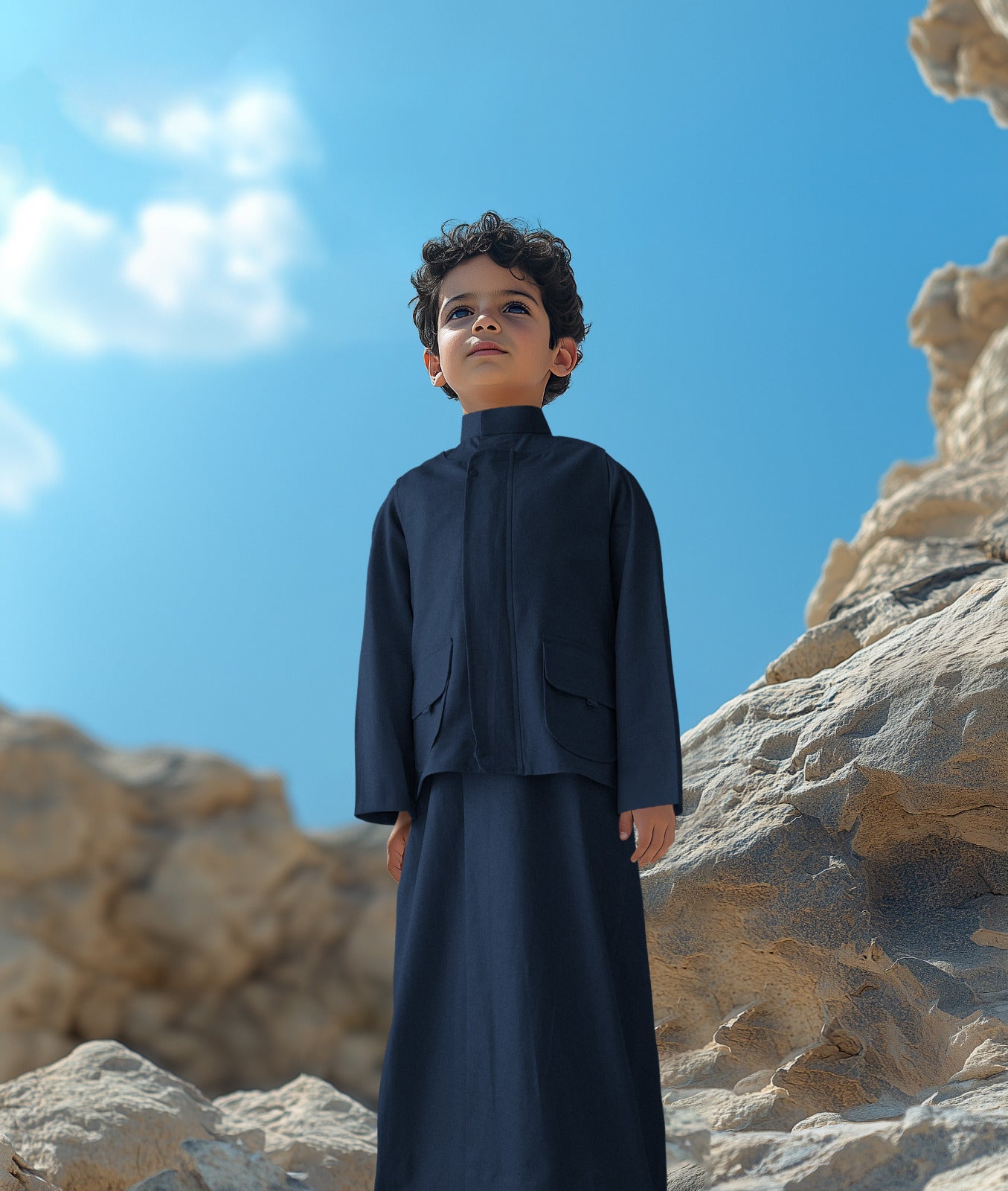 Midnight Navy Blue Dishdasha Set With Vest And Bag D1