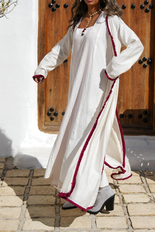 7751 Light Beige Daraa Set With Maroon Lines For Women