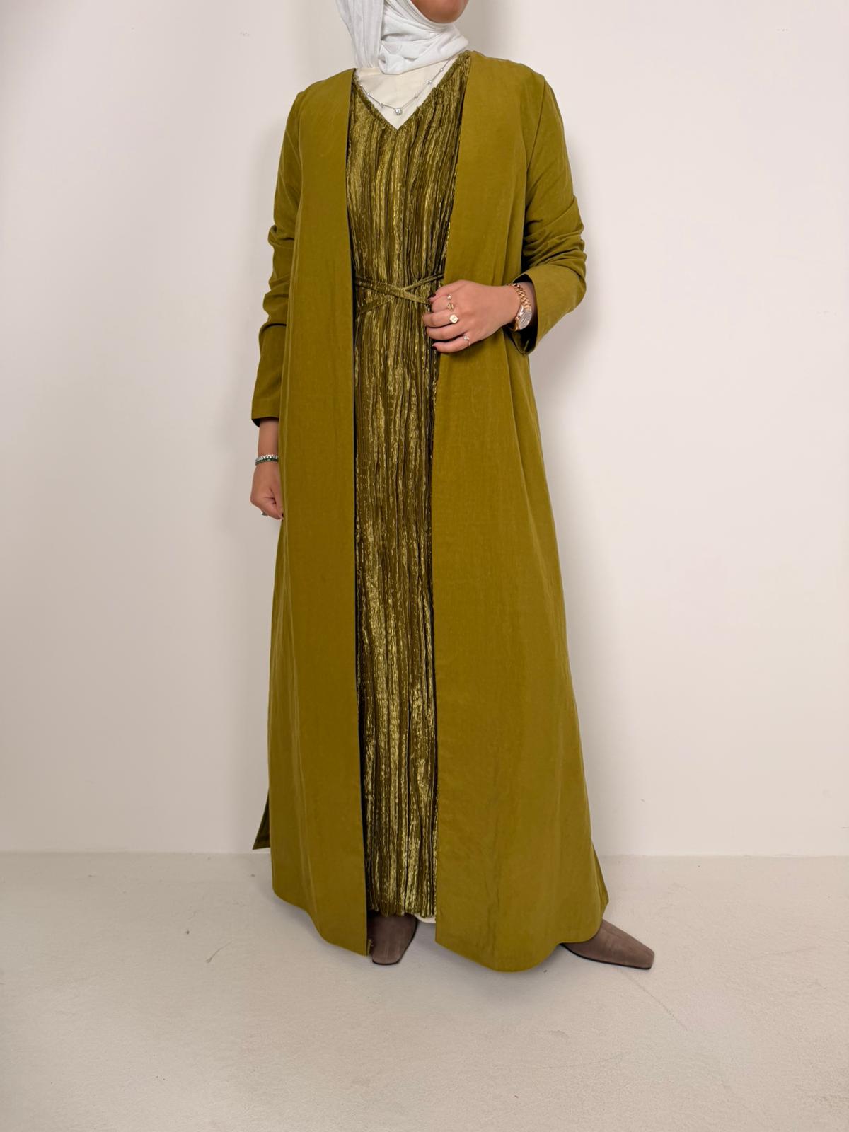 Nova 8079 Olive Green Pleated Dress For Women Thoubi Nova 8079 Olive Green Pleated Dress For Women Thoubi