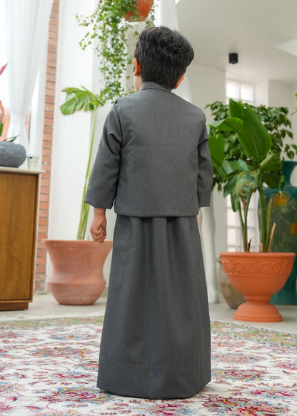 Dark Grey Dishdasha Set With Vest And Bag D4