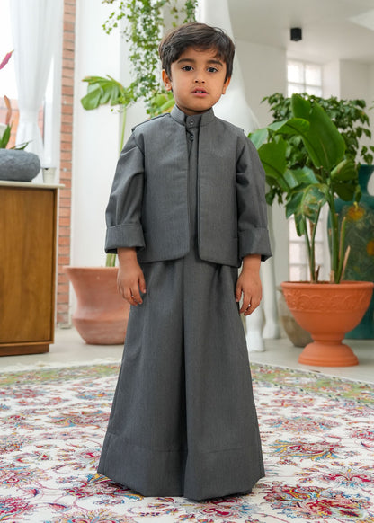 Dark Grey Dishdasha Set With Vest And Bag D4