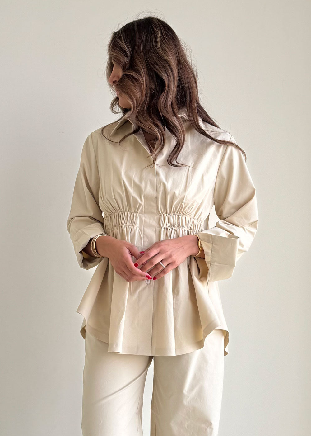 8180 Beige Shirt And Pants Set For Women
