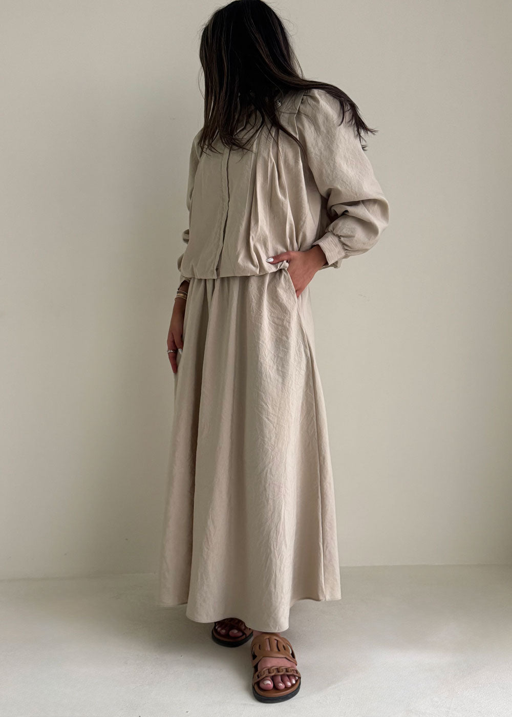 8204 Beige Jacket And Skirt Set For Women