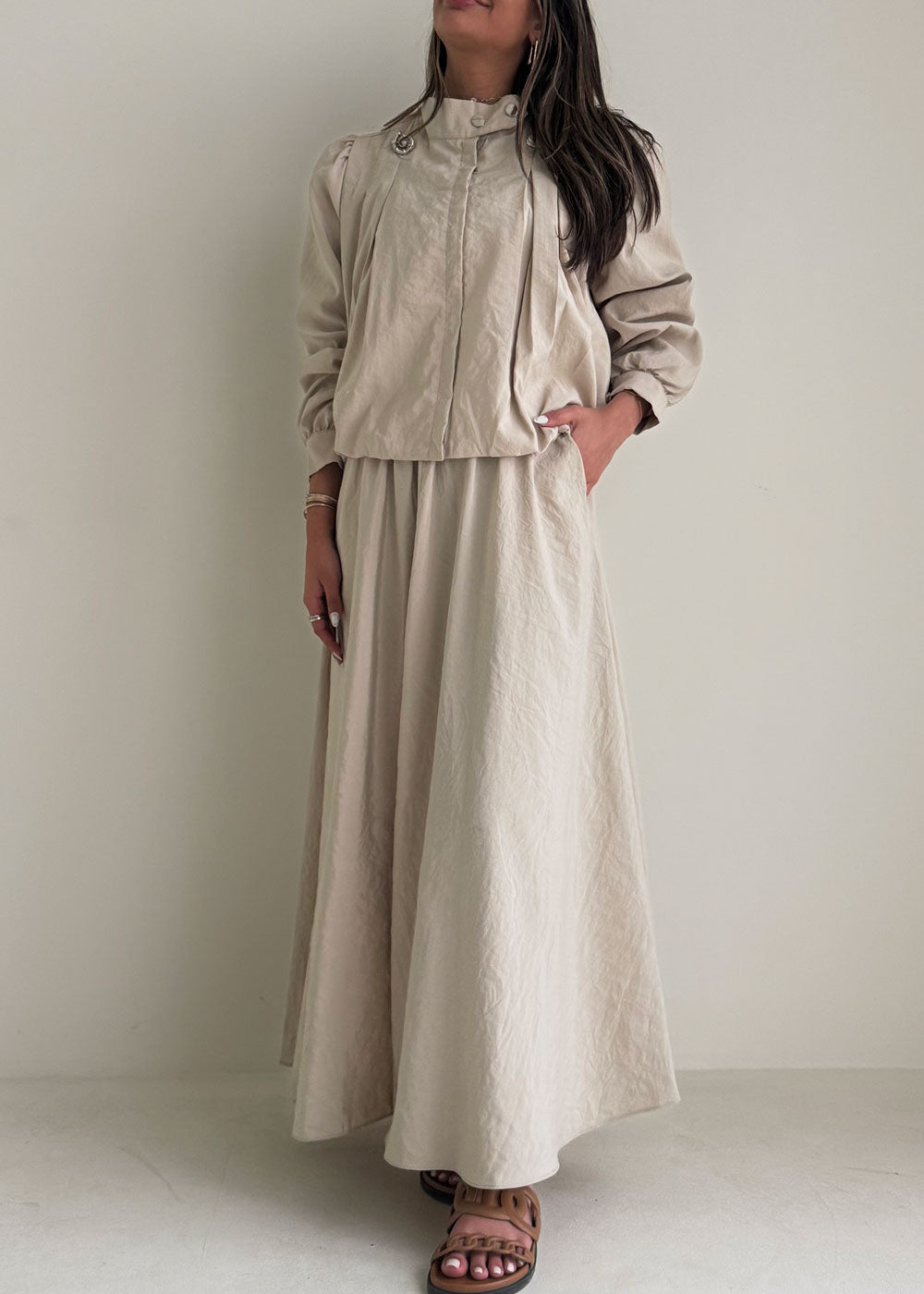 8204 Beige Jacket And Skirt Set For Women