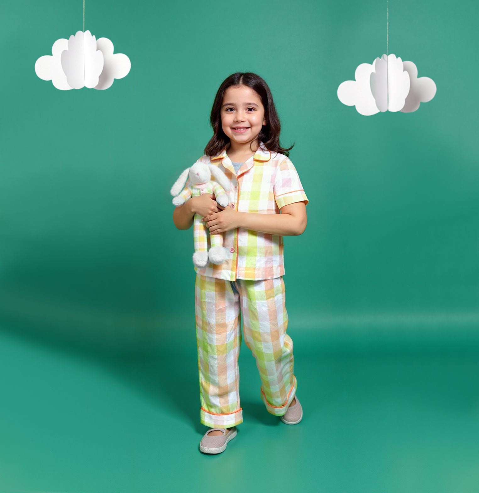 7926 Orange Checkered Pajama Set For Girls