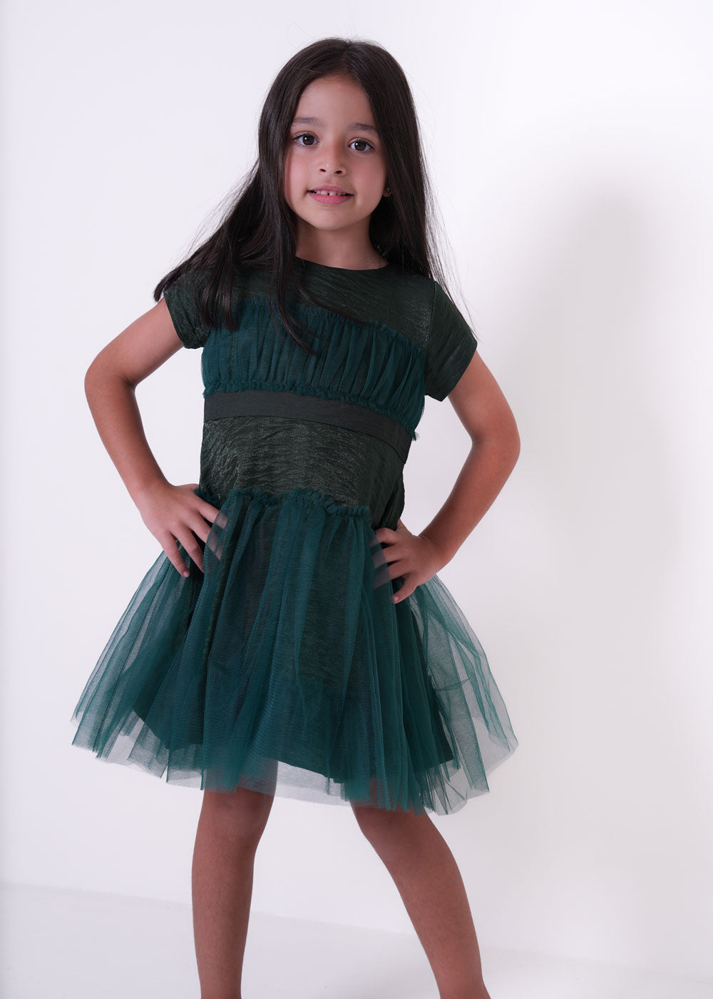 7934 Dark Green Saudi National Day Dress For Girls