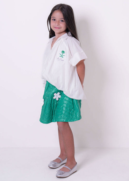 7922 Saudi White V-Collar Top For Girls (With Name Embroidery Option)