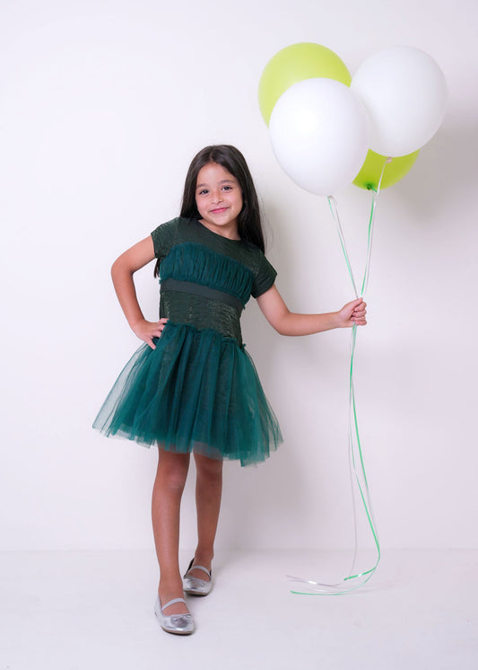 7934 Dark Green Saudi National Day Dress For Girls