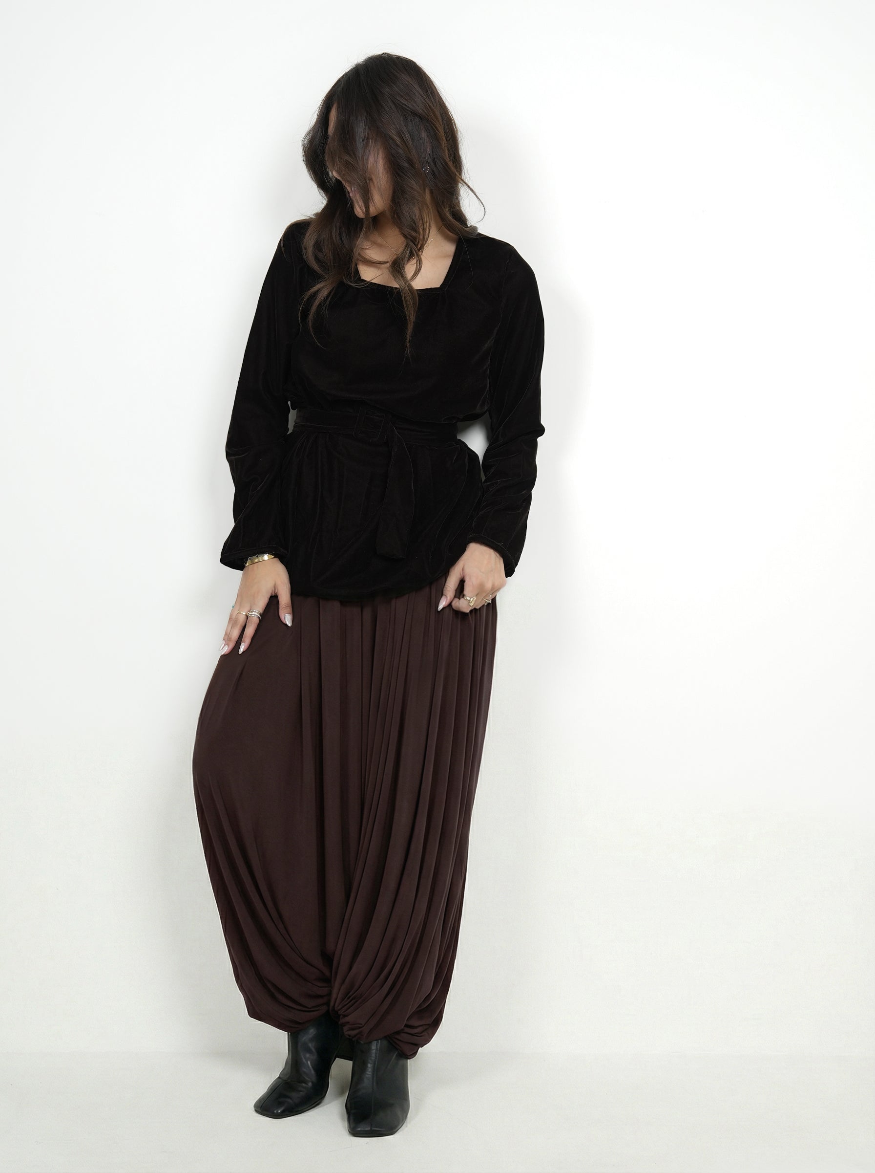 8076 Brown Velvet Daraa Set For Women