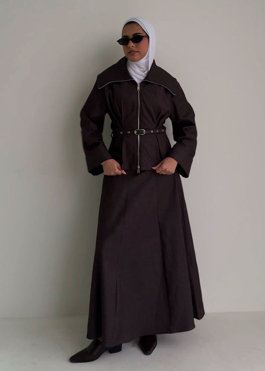 8214 Brown Jacket And Skirt Set For Women