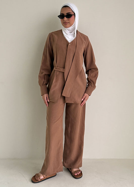 8181 Brown Shirt And Pants Set For Women