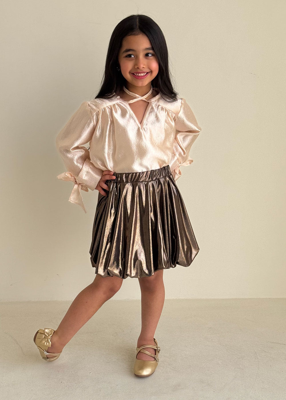 8237 Beige Top And Skirt Set For Girls