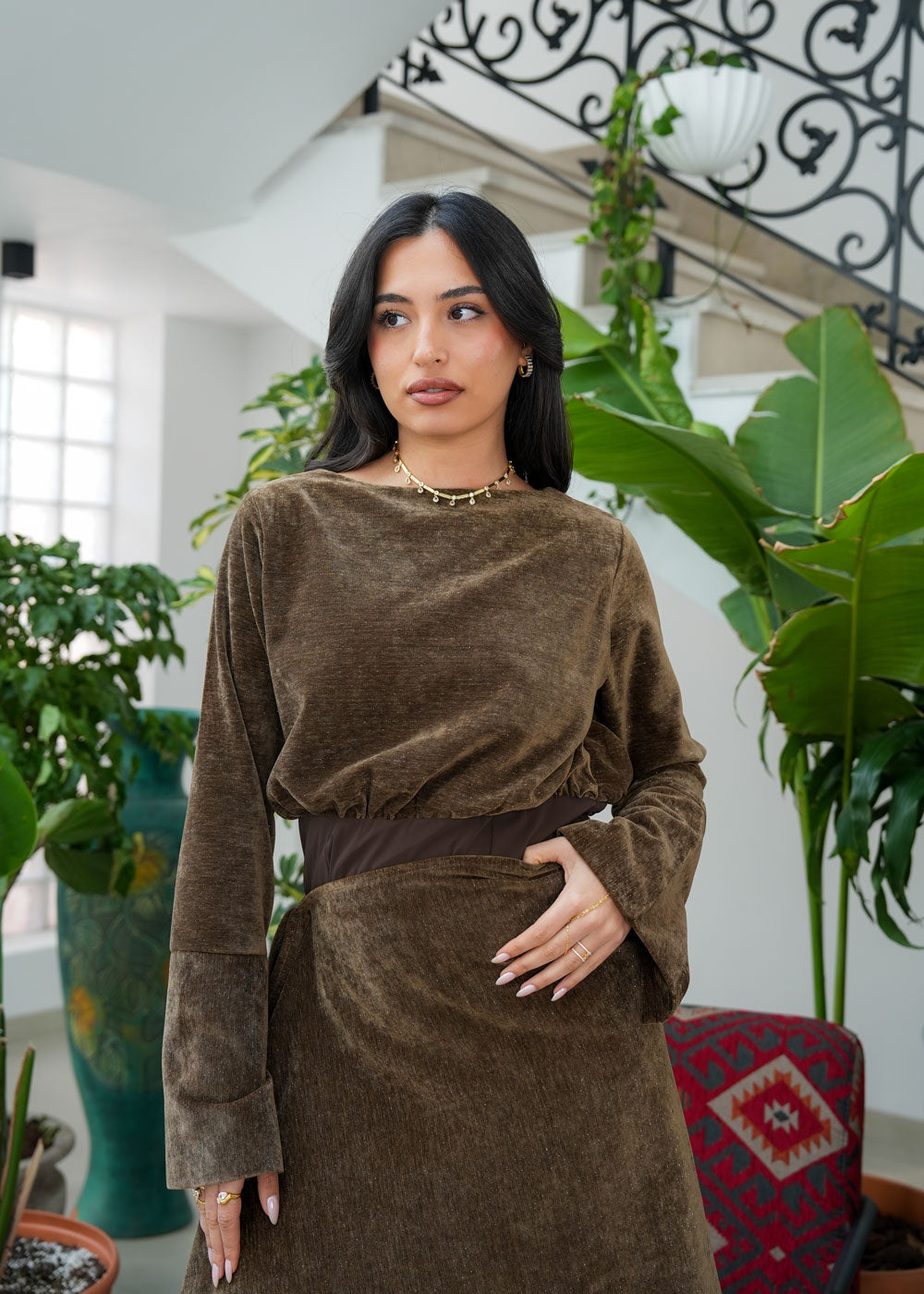 8086 Brown Velvet Daraa Set For Women