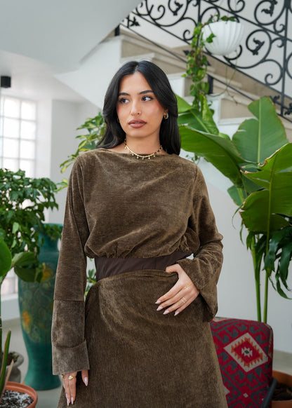 8086 Brown Velvet Daraa Set For Women