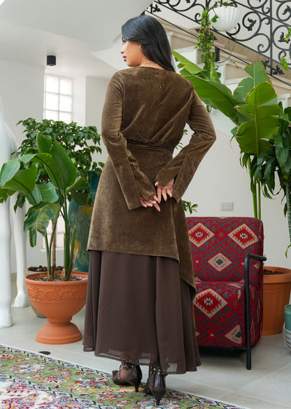 8086 Brown Velvet Daraa Set For Women