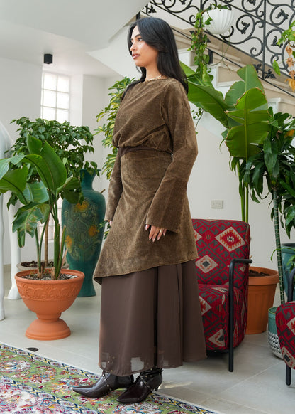 8086 Brown Velvet Daraa Set For Women