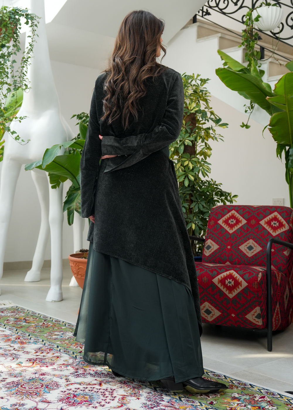 8086 Dark Green Velvet Daraa Set For Women